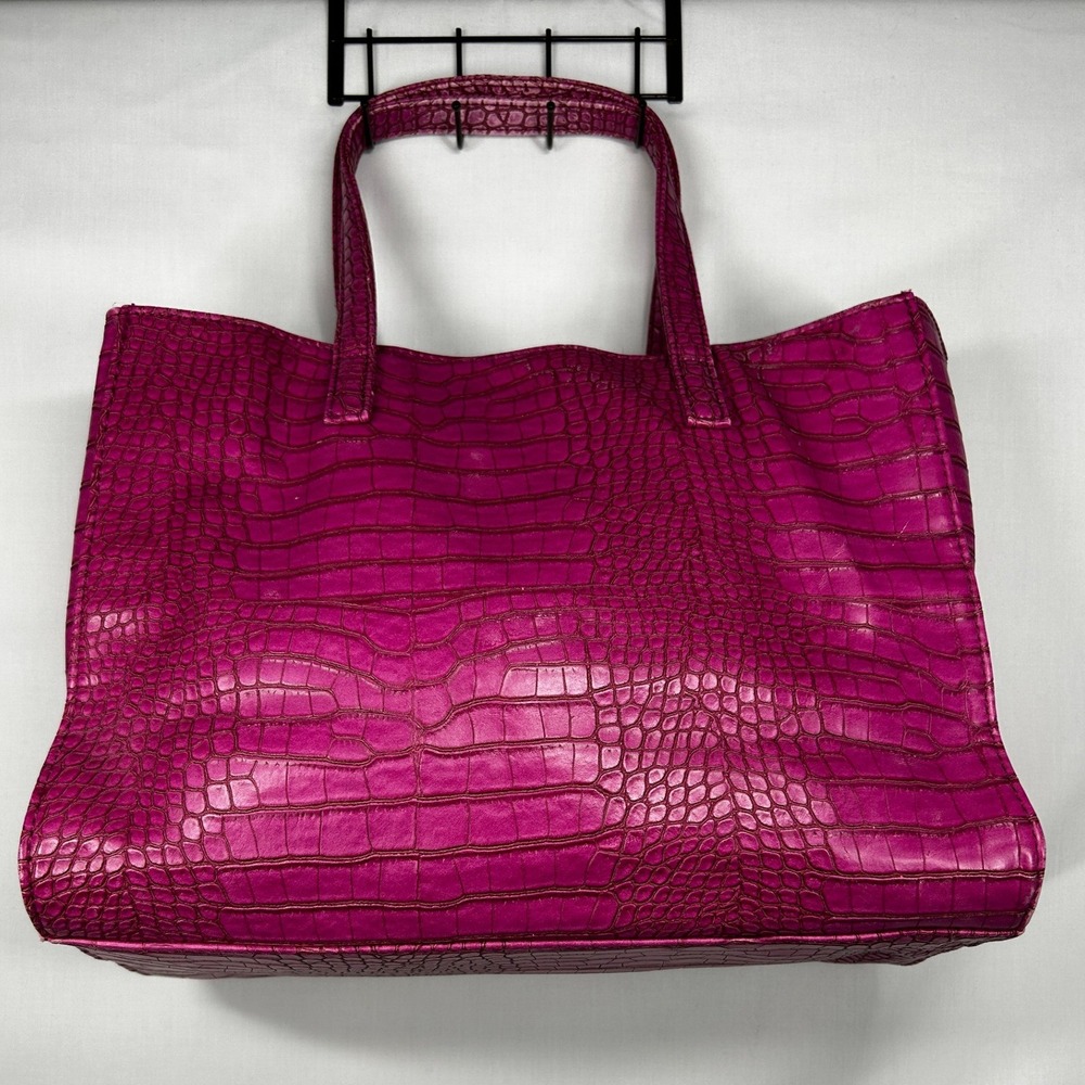 Hot Pink Faux Croc Embossed Leather Tote Bag Large Y2K Handbag